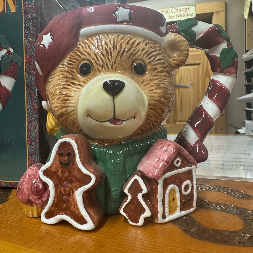 Festive Bear ceramic mug with Candy Cane Handle